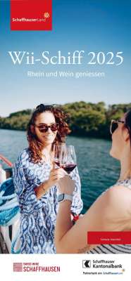 Titelbild des Flyers des Wii-Schiffs. Zwei Freundinnen stossen mit einem Glas Rotwein auf dem Deck an.