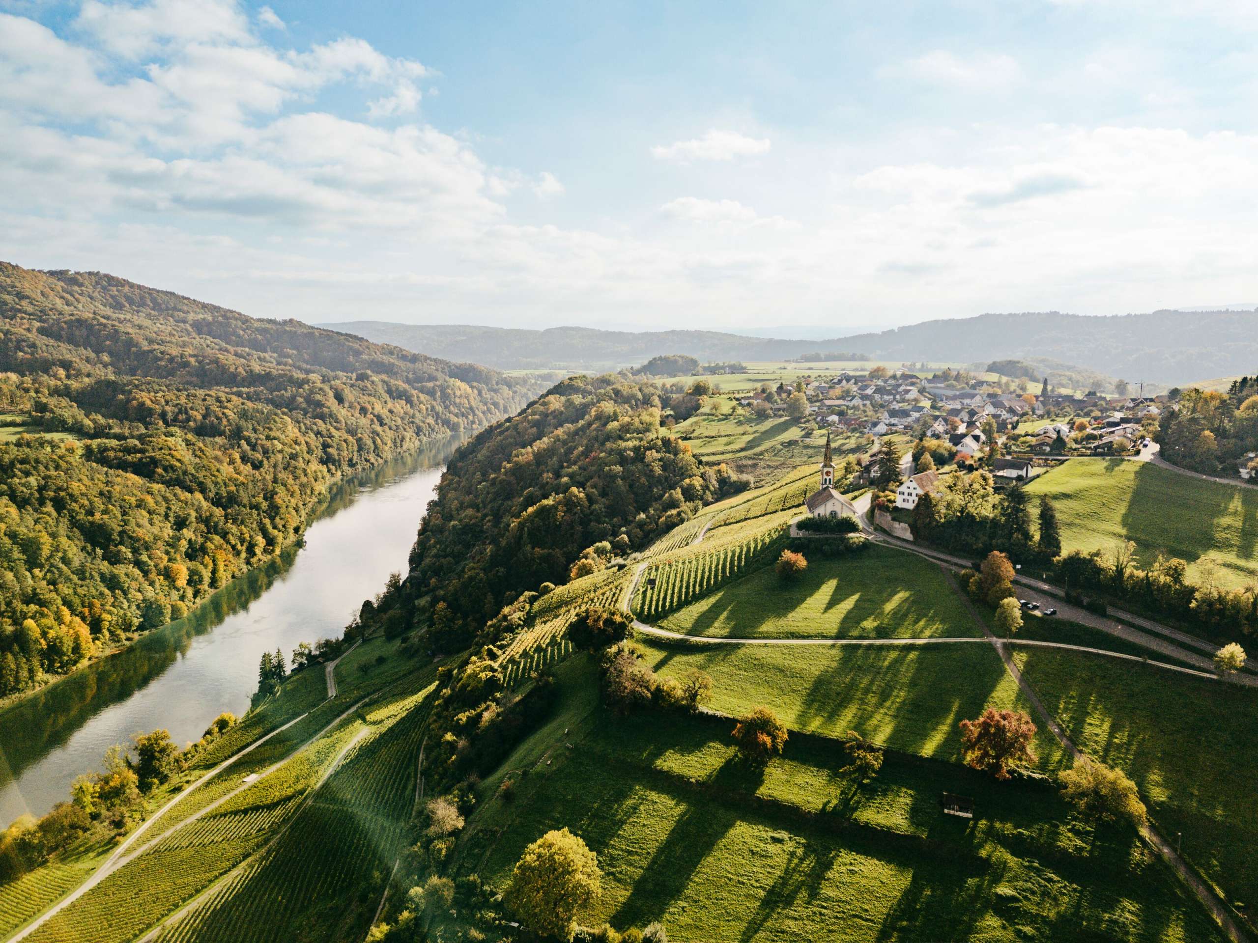 Blick von oben auf den Rhein umgeben von Wälder auf der einen Seite und Reben mit der Kirche Buchberg-Rüdlingen auf der anderen.